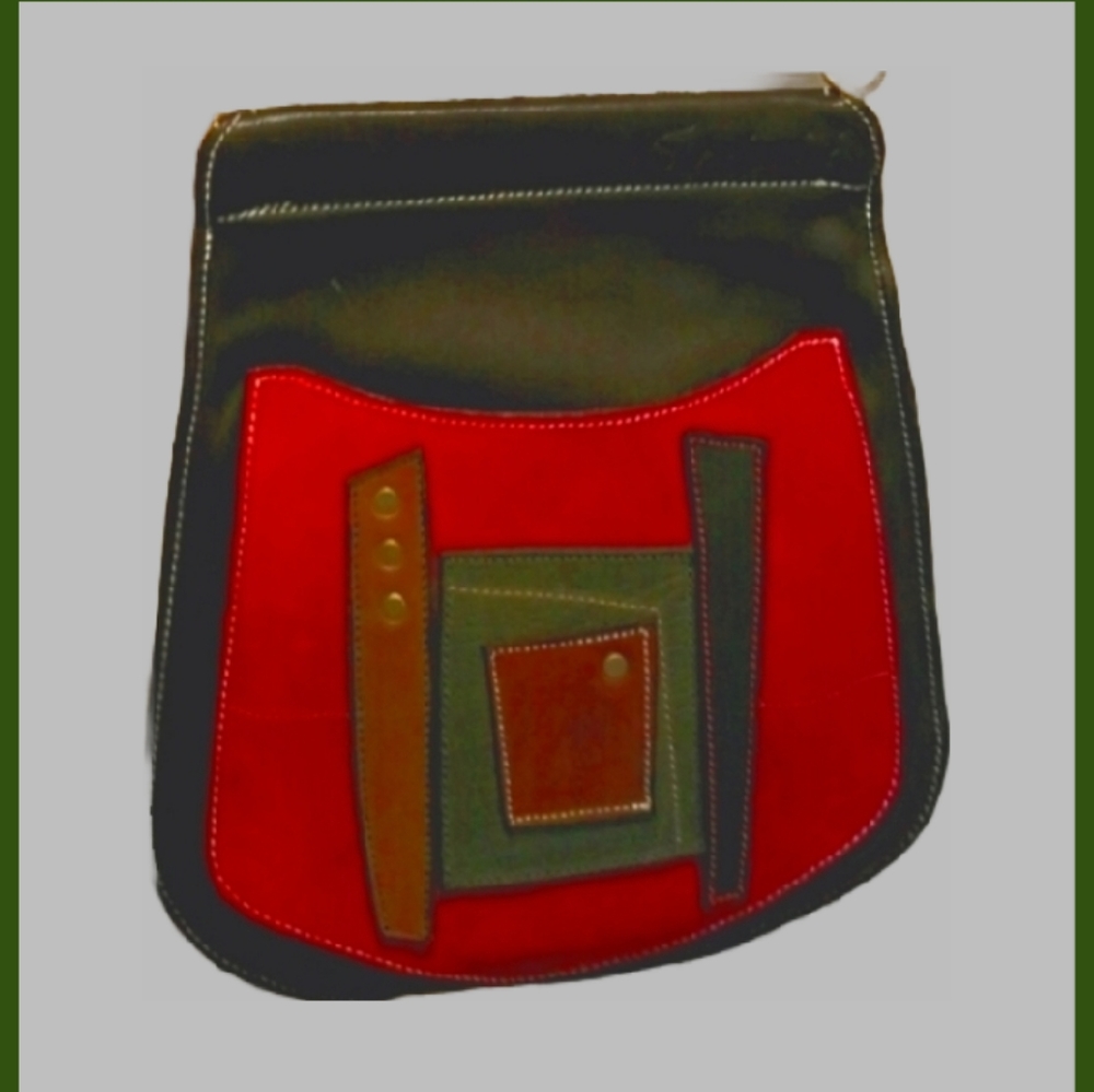 Red Patch Colorblock 100% Leather Shoulder Bag Handmade One of a Kind. - Picture 2 of 12